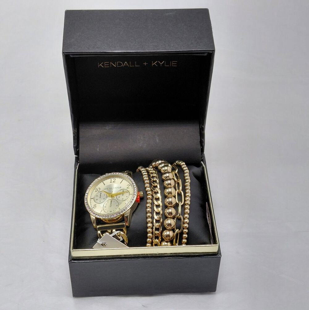 Kendall + Kylie Womens Gold Tone Watch Bracelet Set Crystal Bezel Gift Jewelry